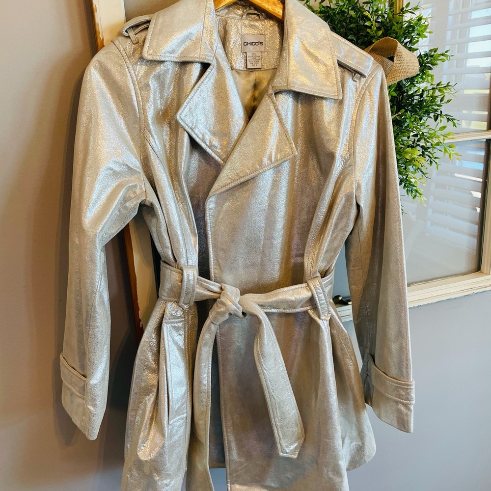 Chico’s metallic silver leather trench in  medium